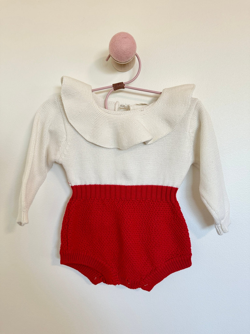 Knitted Red and White Ruffle Collar Bubble Romper - Laeta Kids