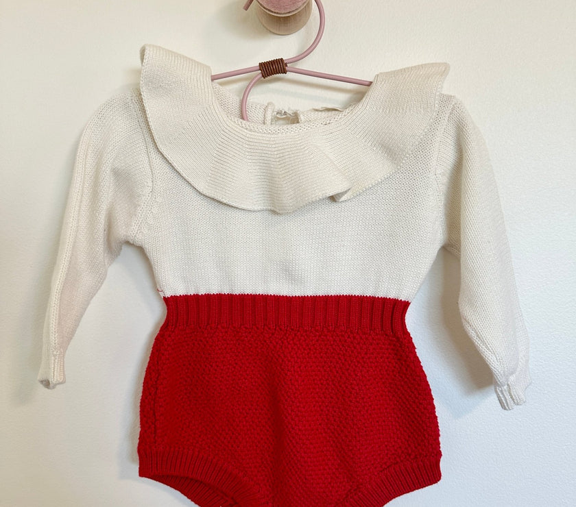 Knitted Red and White Ruffle Collar Bubble Romper - Laeta Kids