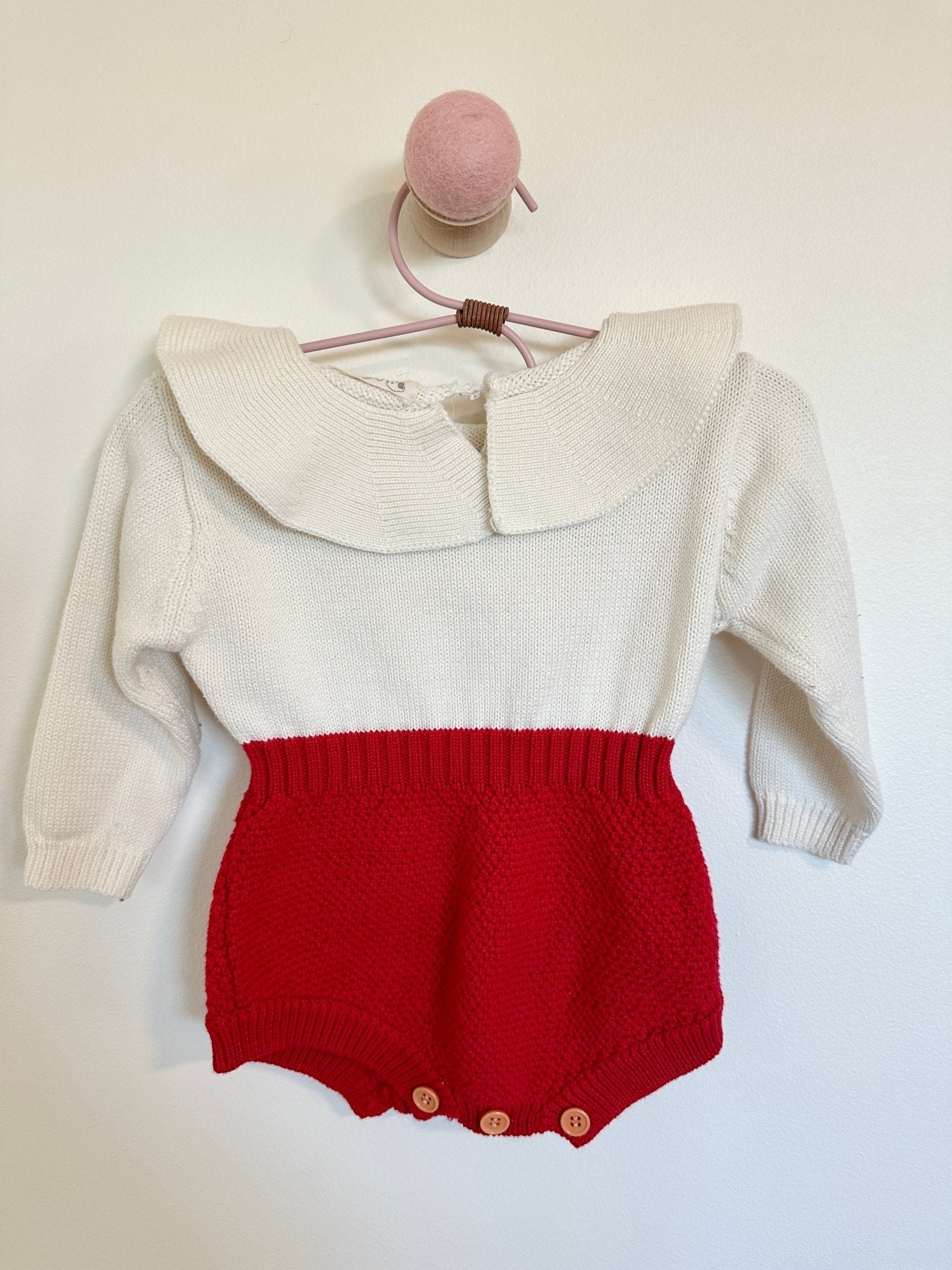 Knitted Red and White Ruffle Collar Bubble Romper - Laeta Kids