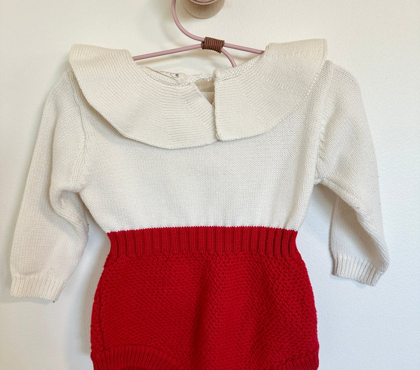 Knitted Red and White Ruffle Collar Bubble Romper - Laeta Kids